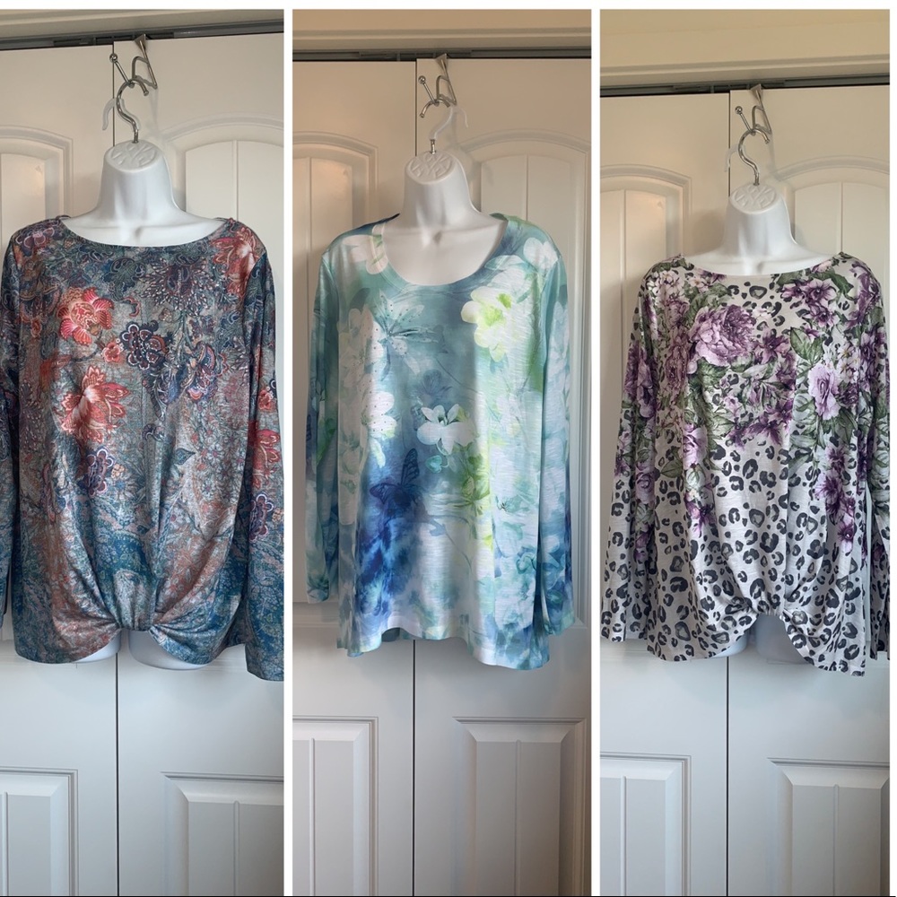 Time & Tru Size XL Lot of 3 Blouses Floral Animal & Abstract Prints Embellished